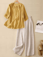 Women's Embroidered Cotton-linen Top And Casual Wide-leg Pants Two-piece Set