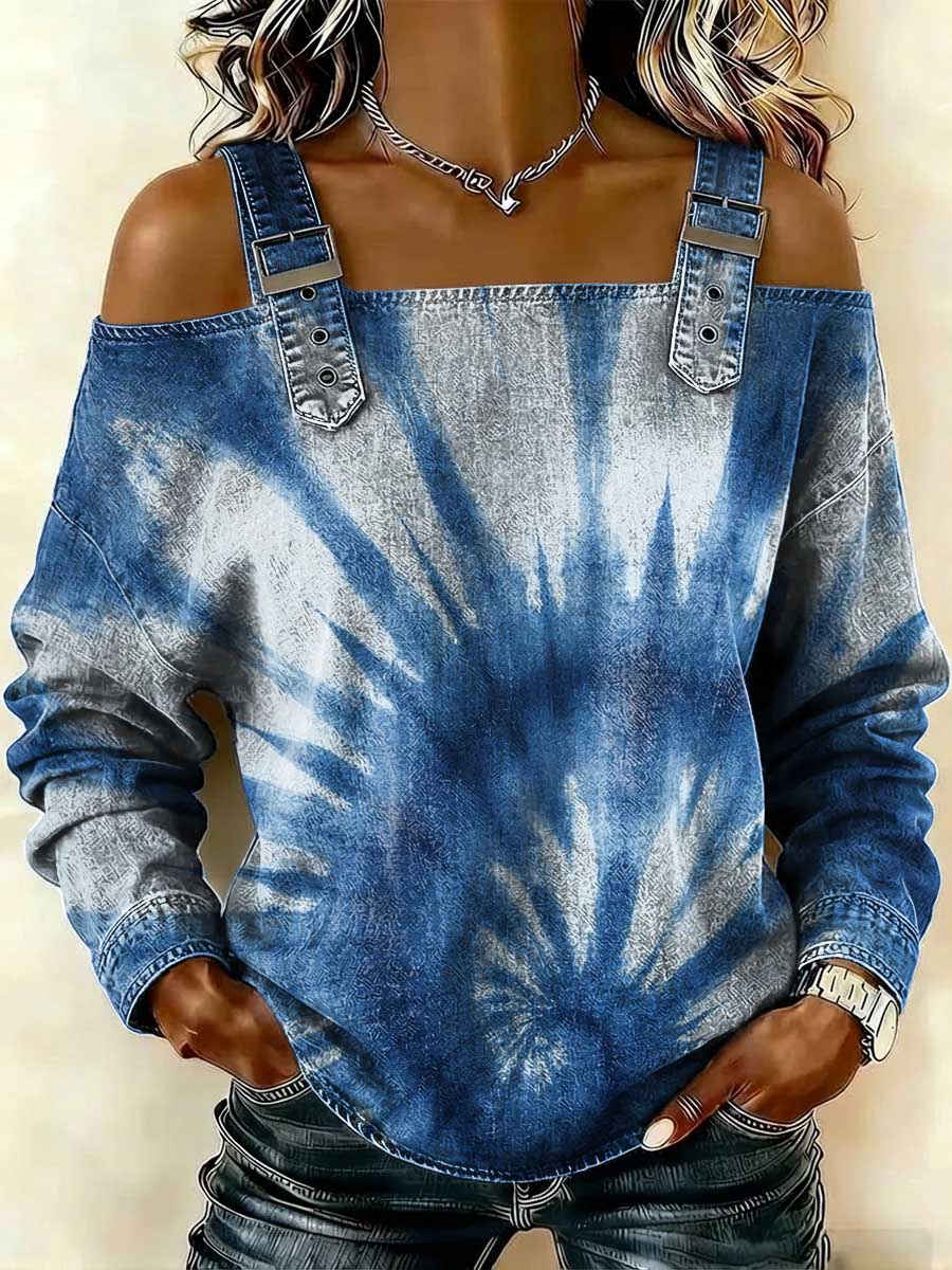 Women‘s Tie-dye Art Print Casual Cotton Denim Shirt