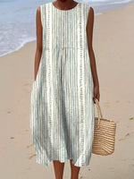 Women's Vintage Geometry Art Print Sleeveless Cotton Pocket Wrap Dress