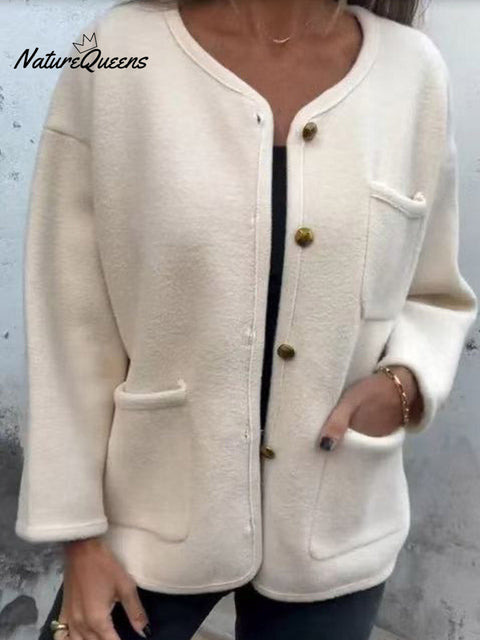 Women's Casual Round Neck Long-sleeved Wool Cardigan Coat