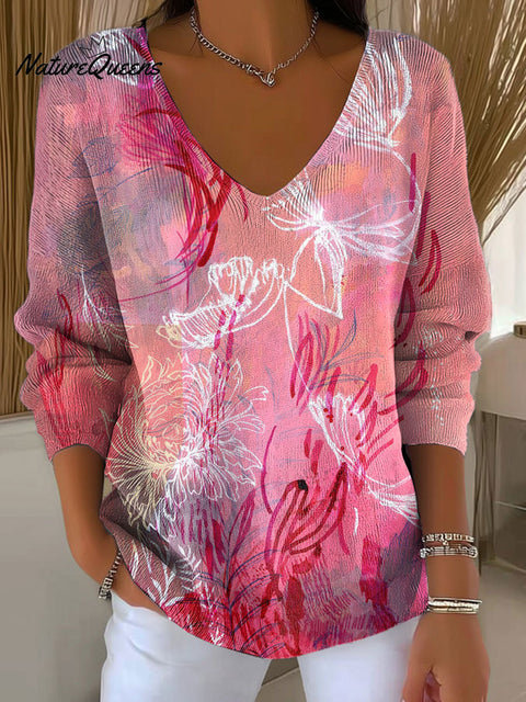 Women's Red And Pink Illustration Botanical Art Pattern Art V-neck Solid Color Loose Shiny Sweater