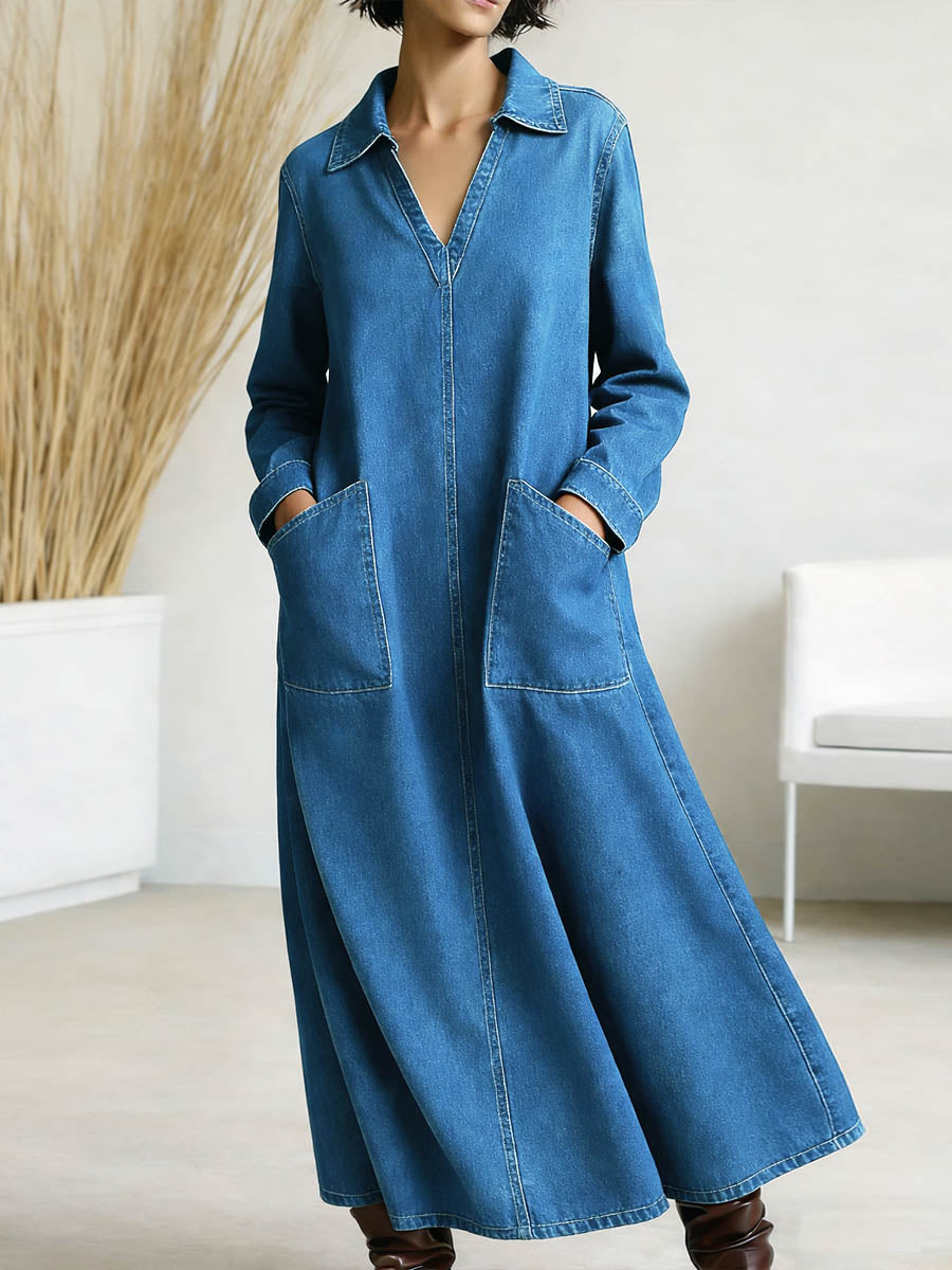 Women's New Spring Collection V-neck Long-sleeved Casual Loose Denim Dress With Pockets.