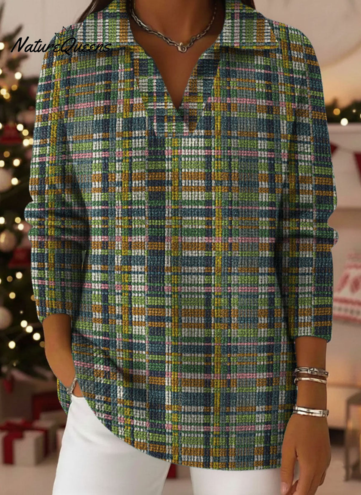 Women's Geometric And Minimalist Checkered Decorative Pattern Casual Shirt Collar Long Sleeve Sweater