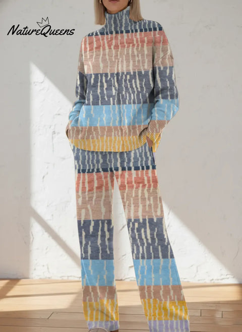 Women's Abstract Striped Pattern Art Print Casual Knitted Cotton Top Pants Suit