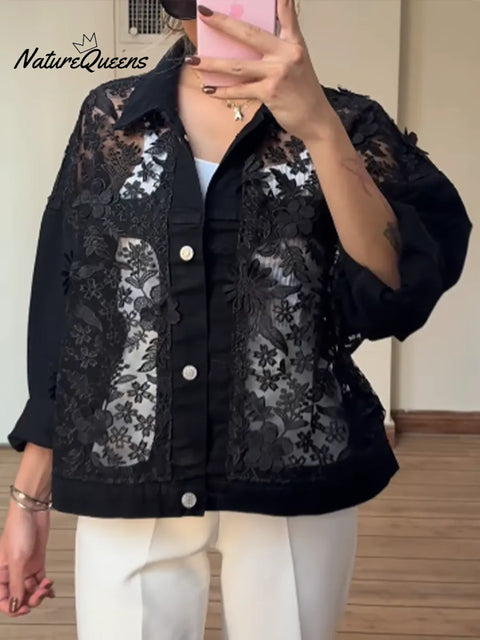 Women's Casual Lace-Patch Denim Jacket
