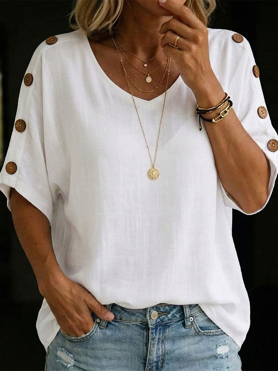 Women's V-neck Cotton-linen Button-up Shirt