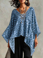 Women's Vintage Leopard Print V-neck 3/4-sleeve Casual Loose Cotton-linen Top