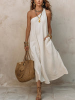 Women's Retro Solid-color One-shoulder Sleeveless Dress