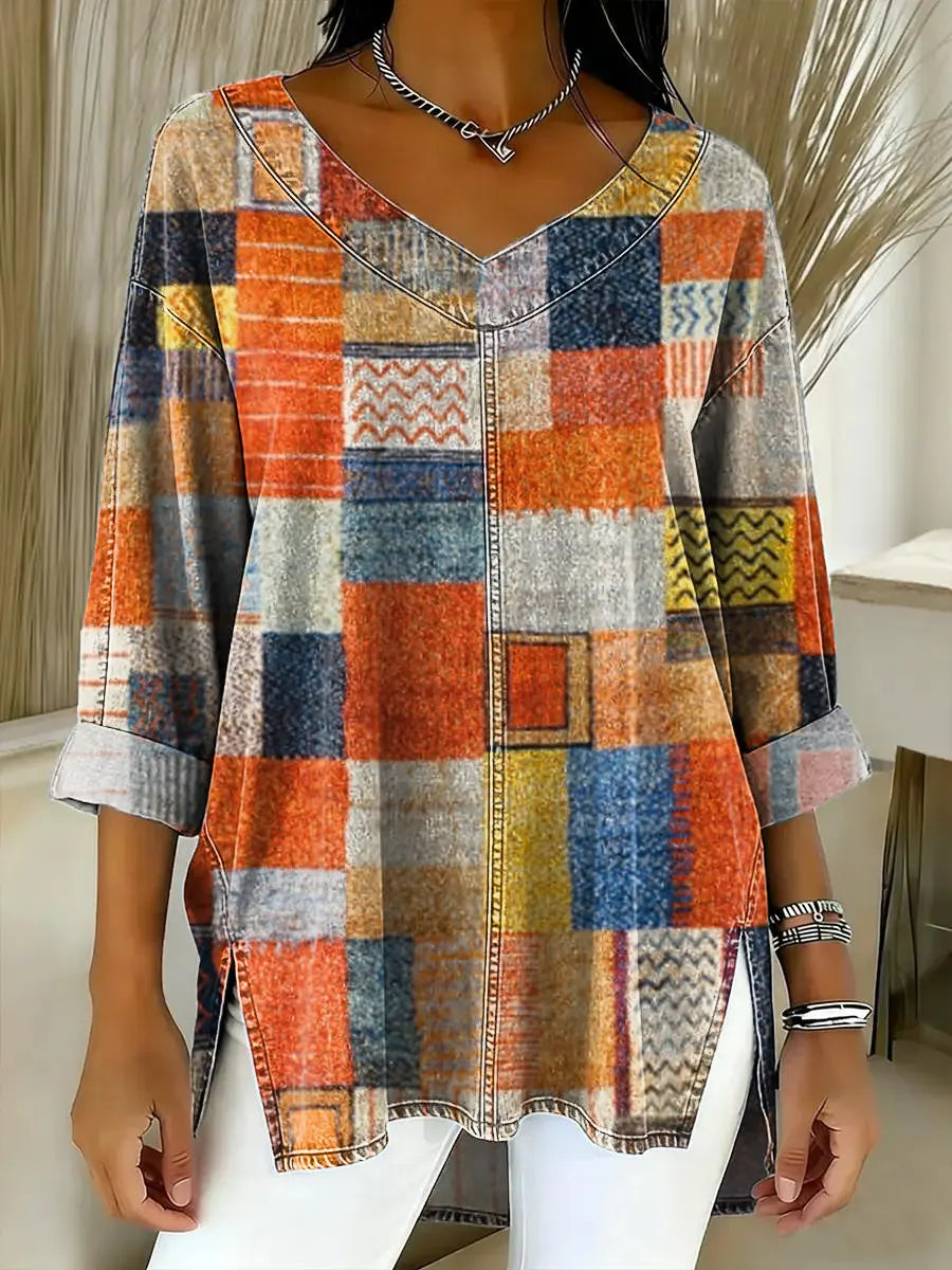 Women's Abstract Geometric Pattern Art Print Casual Denim Shirt