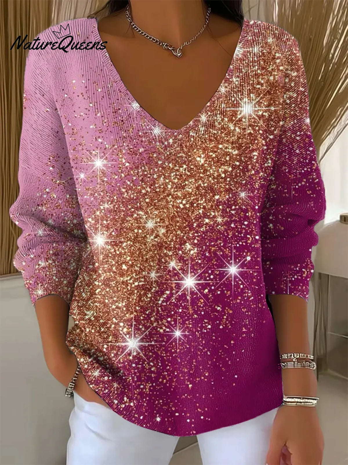Women's Vintage Christmas Shiny Art Print CasualSweater