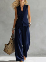 Women's Sleeveless Linen Vest And Pants Set