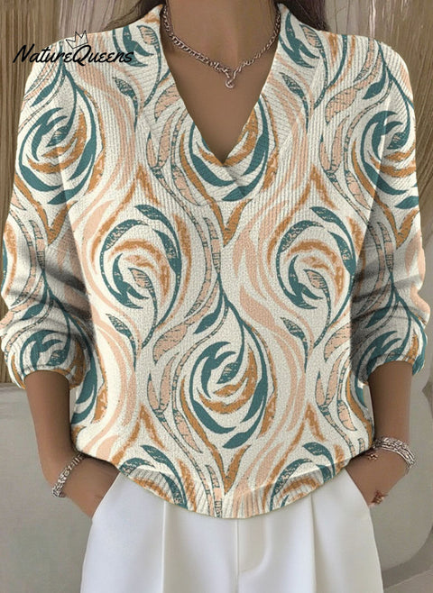 Simple And Elegant Floral Decorative Pattern Women's Casual V Collar Long Sleeve Sweater