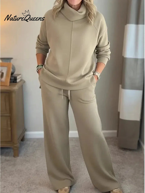 Women's Casual Turtleneck Cotton Sweatshirt And Pants Two-piece Set