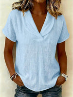 Peter Pan Collar V-neck Short-sleeve Cotton-linen Top