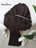 Women's Solid Color High-neck Long-sleeve Casual Loose Knit Top And High-waisted Wide-leg Pants Set