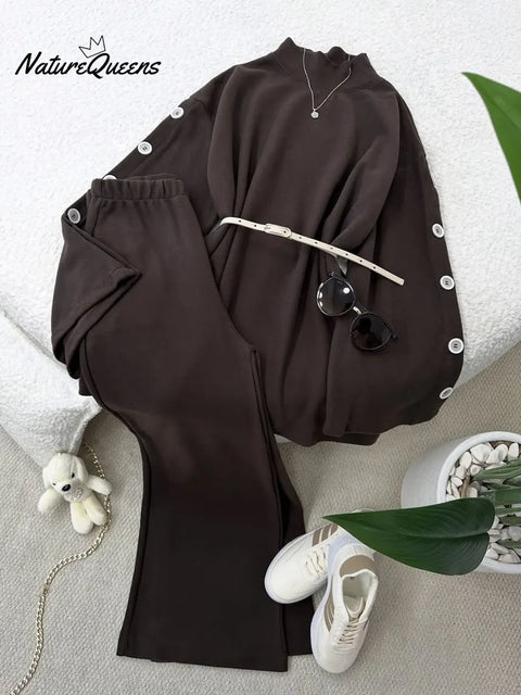 Women's Solid Color High-neck Long-sleeve Casual Loose Knit Top And High-waisted Wide-leg Pants Set