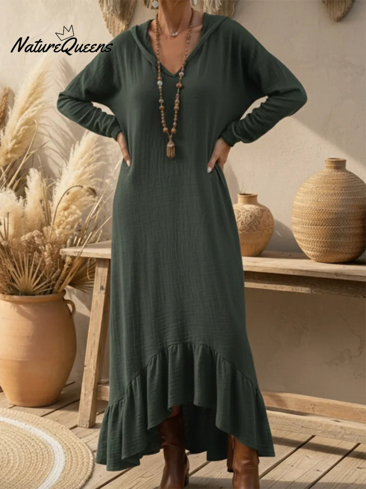 Boho Casual Loose-fitting Hooded Ruffled Hem Linen Dress