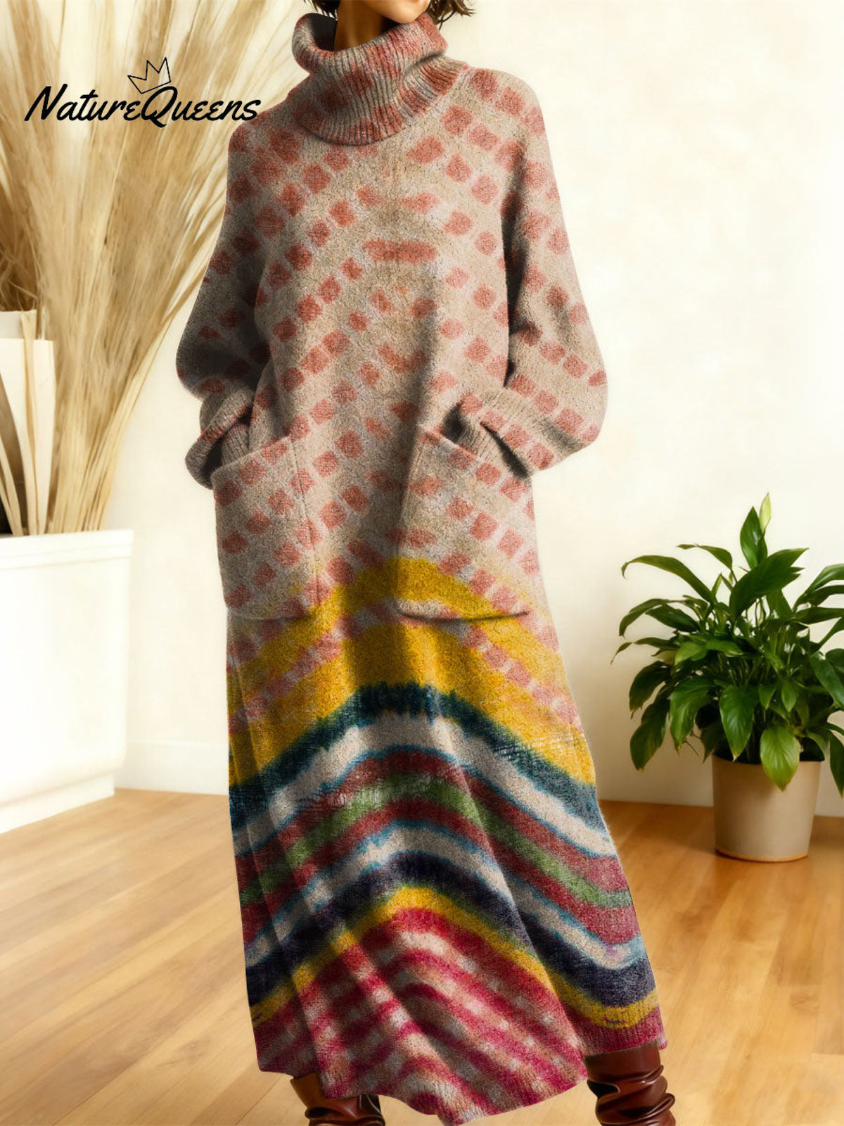 Women's Geometry Color Stripe Gradient Art High-neck Long-sleeve Casual Loose Knit Dress