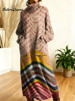 Women's Geometry Color Stripe Gradient Art High-neck Long-sleeve Casual Loose Knit Dress