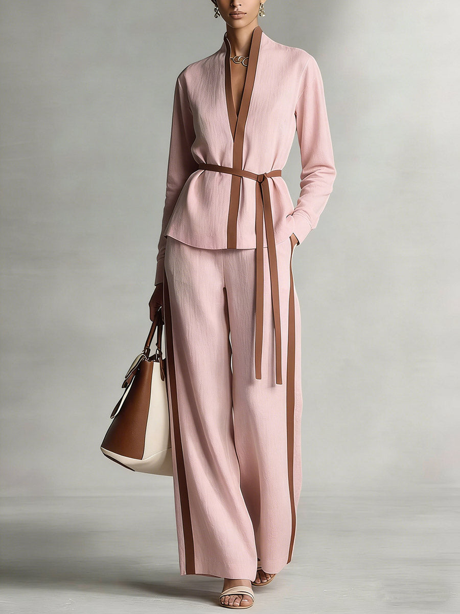 Women's Stand Collar Long Sleeve Casual Loose Top High Waist Casual Loose Wide Leg Pants Cotton Linen Set