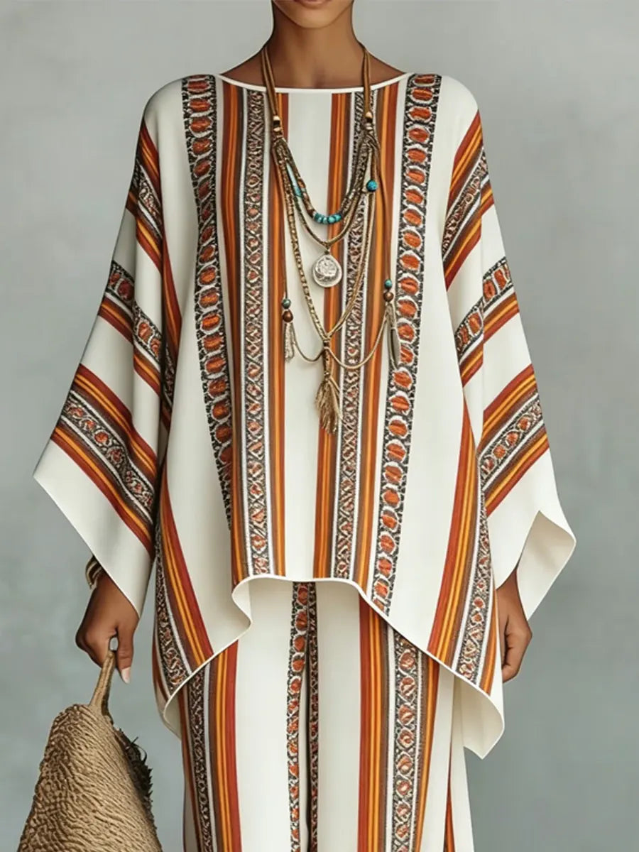 Women's Vintage Ethnic Art Comfortable Loose Cotton Linen Wide-leg Pants Two-piece Set