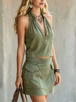 Women's Green Denim Sleeveless Top And Mini Skirt Set