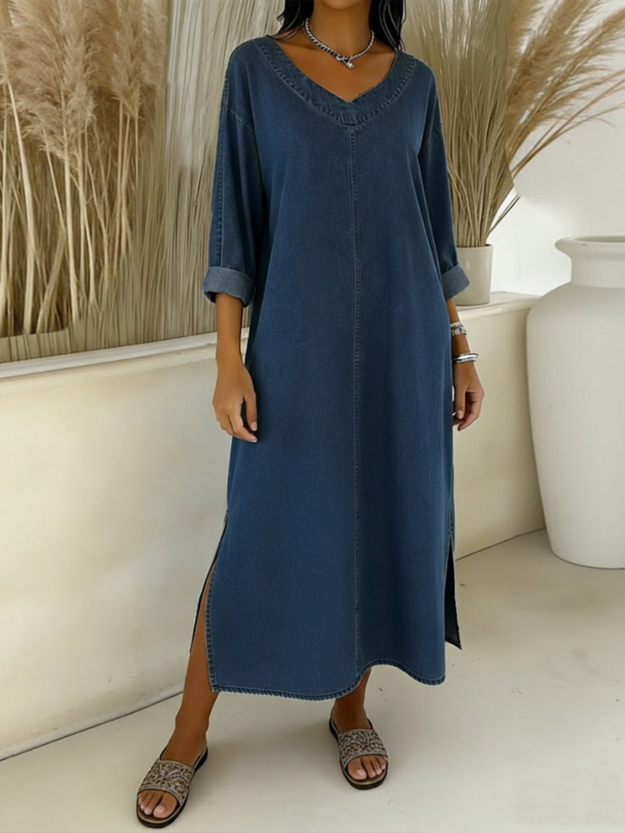 Women's New Spring Collection V-neck Long-sleeved Casual Loose Denim Dress With Side Slits.
