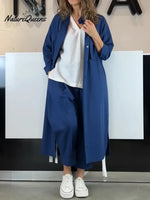 Women's Casual Cotton Extra-long Shirt And Pants Two-piece Set