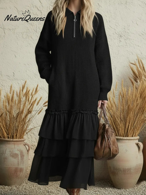 Retro Romantic Multi-layered Ruffled Hem Knit Dress