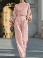 Women's Linen And Cotton Top And Trousers Two-piece Set