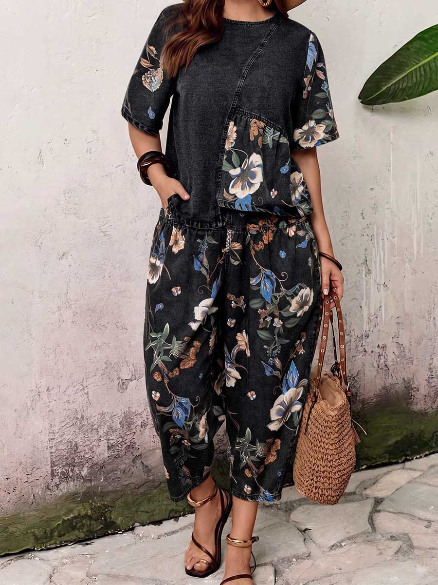 Women's Casual Denim Print Set: Crew Neck Short-sleeve Loose-fit Top & High-waisted Wide-leg Pants