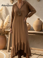 Boho Casual Loose-fitting Hooded Ruffled Hem Linen Dress