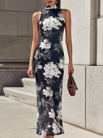 Women's Vintage-print Stand-collar Sleeveless Loose-fit Mesh Casual Dress
