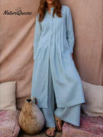 Women's Comfortable Linen And Cotton Extra-long Shirt And Pants Two-piece Set