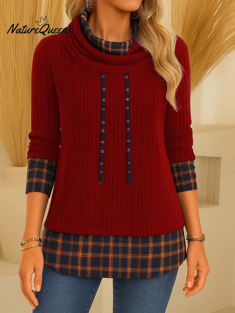 Women's Plaid Patchwork Pile Neck Long Sleeve Casual Loose Knit Top