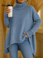 Women's Solid Color Turtleneck Casual Loose Irregular Hem Knitted Top