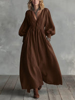 Waist-elastic Linen And Cotton Lantern-sleeved Dress