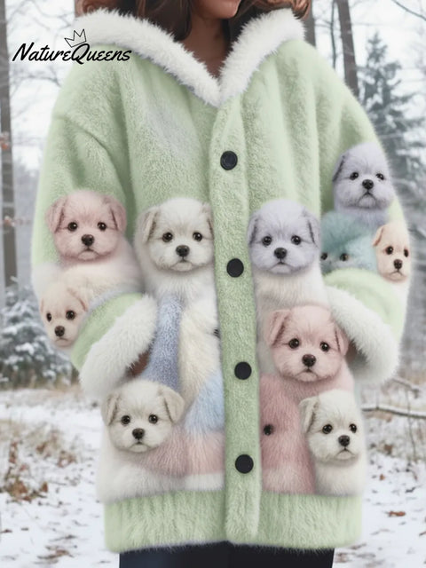 Winter Forest Cute Puppy Mink Fleece Button Coat
