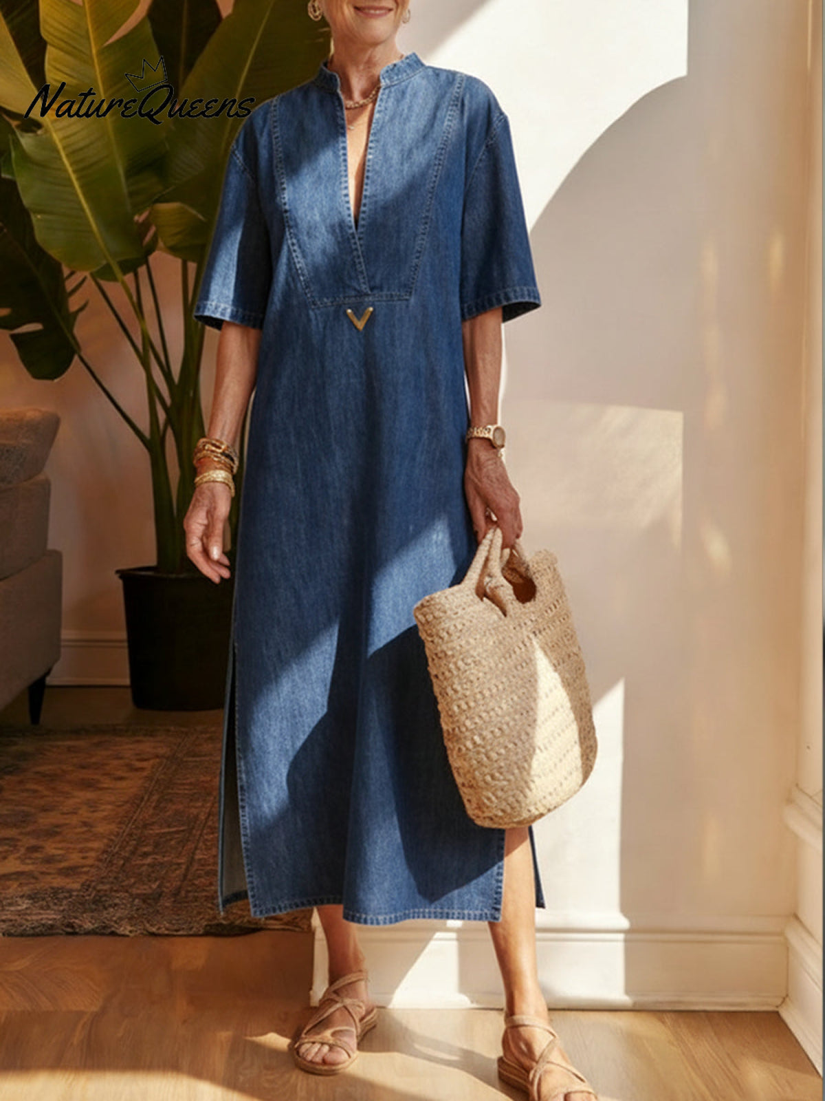 Women's V-neck Denim Cotton Dress