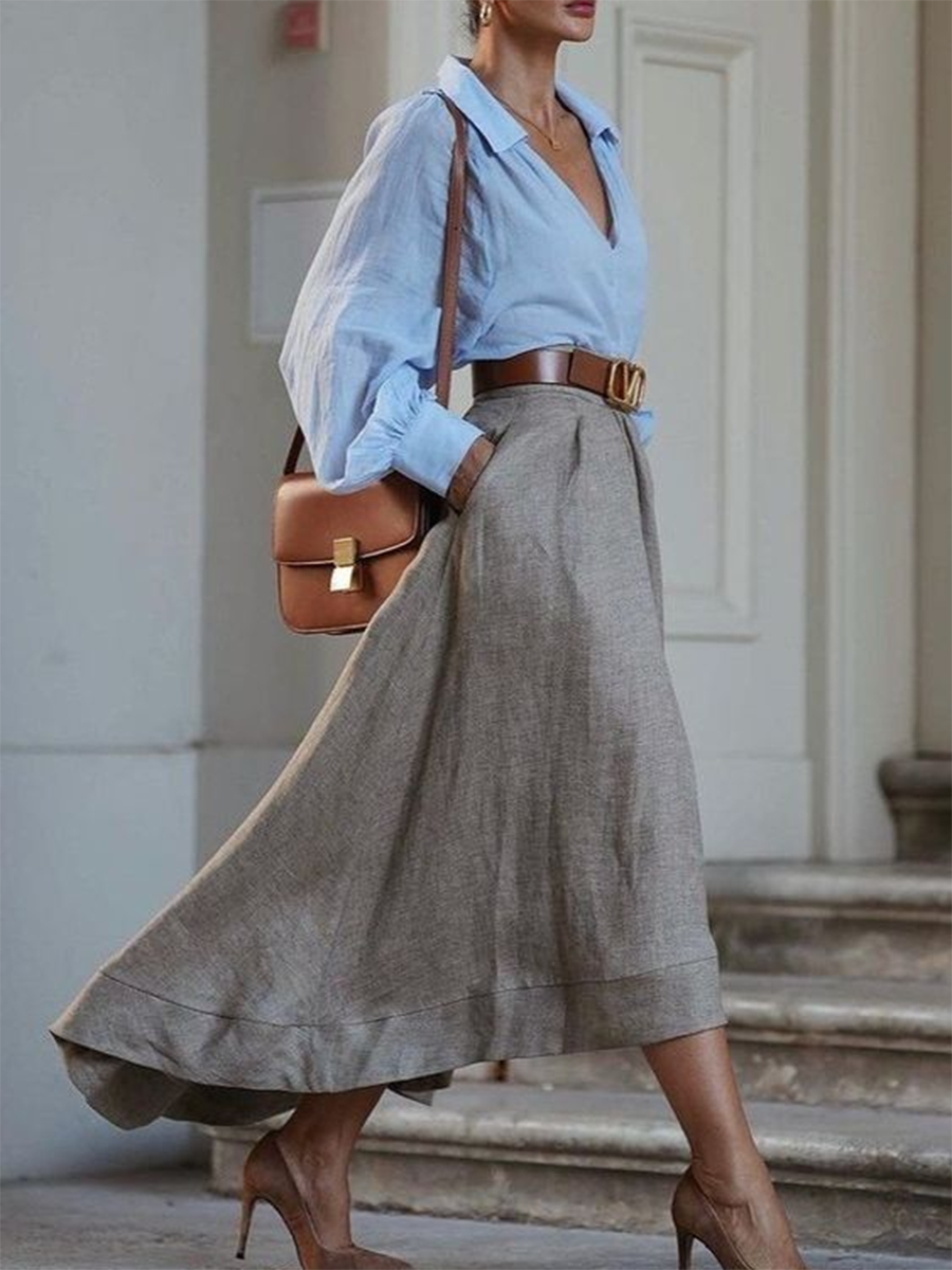 Elegant Irregular Hem Linen-cotton Blend Skirt