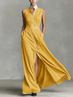 Women's Collared Sleeveless Casual Loose Long Cotton Linen Dress