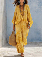 Women's Geometric Print V-neck Long-sleeve Loose Casual Top & High-waisted Wide-leg Pants Set