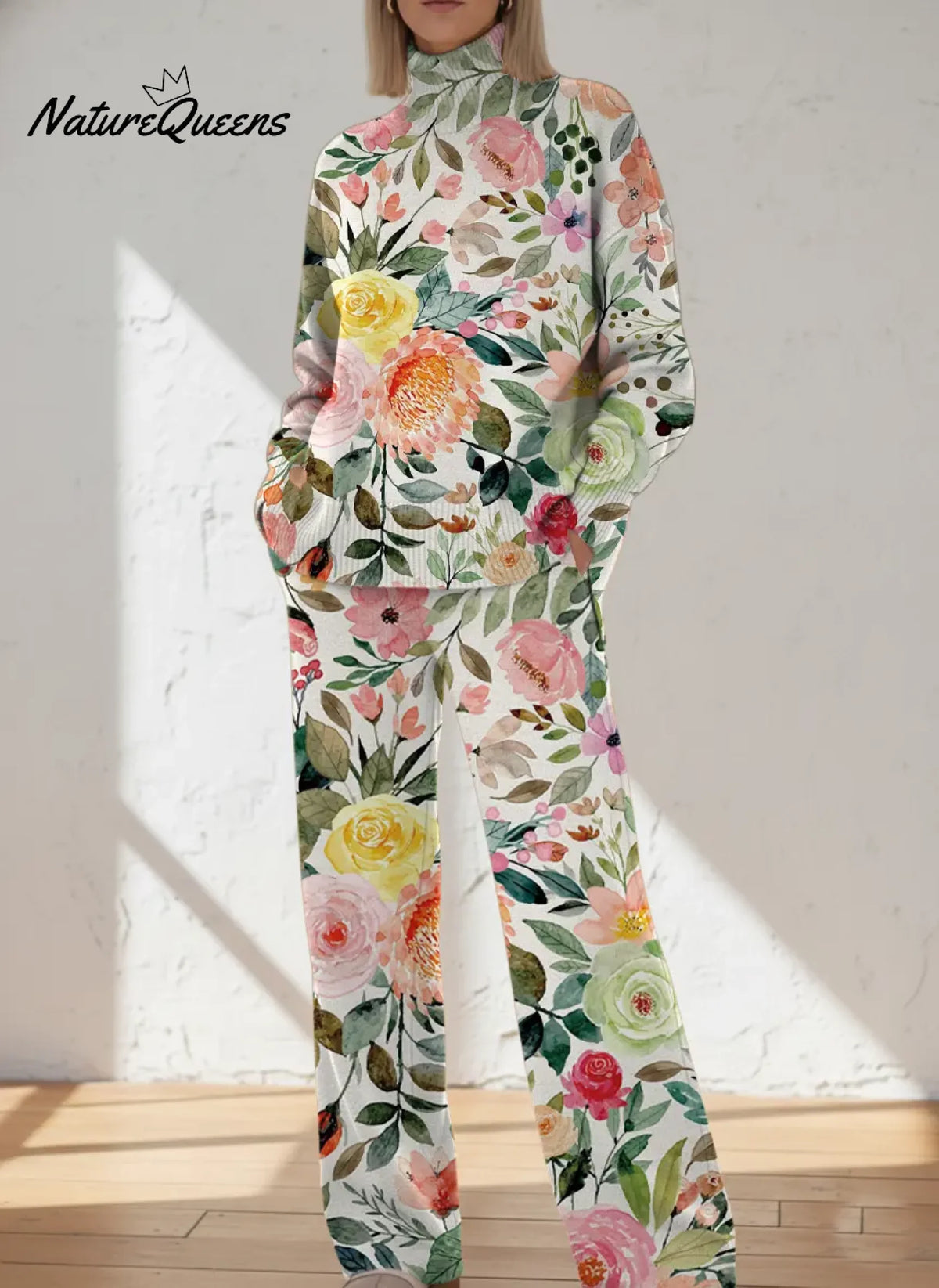 Women's Floral Pattern Art Print Casual Knitted Cotton Top Pants Suit