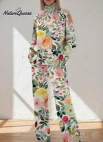 Women's Floral Pattern Art Print Casual Knitted Cotton Top Pants Suit