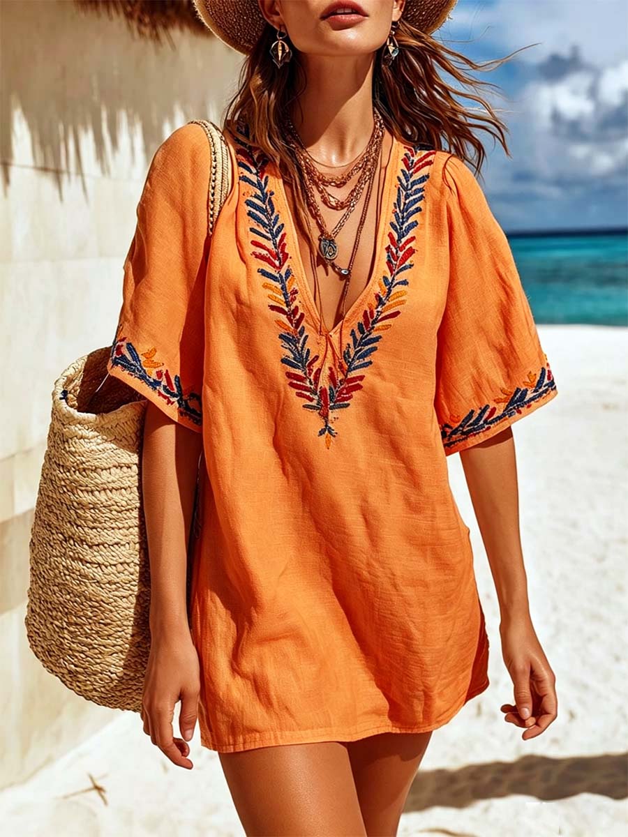 Women's Ethnic Art Stylish Short Sleeve Cotton Linen Short Dress