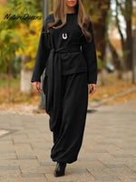 Women's Solid Color Crew Neck Long Sleeve Casual Loose Sweatshirt With Elastic Waist And Wide Leg Pants Set