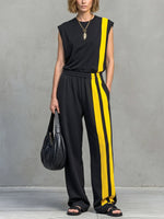 Women's Placement-print Crew Neck Sleeveless Loose-fit Wide-leg Jumpsuit