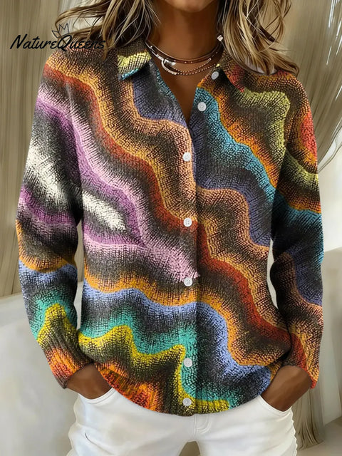 Women's Retro Gradient Stripes Printed Collared Sweater