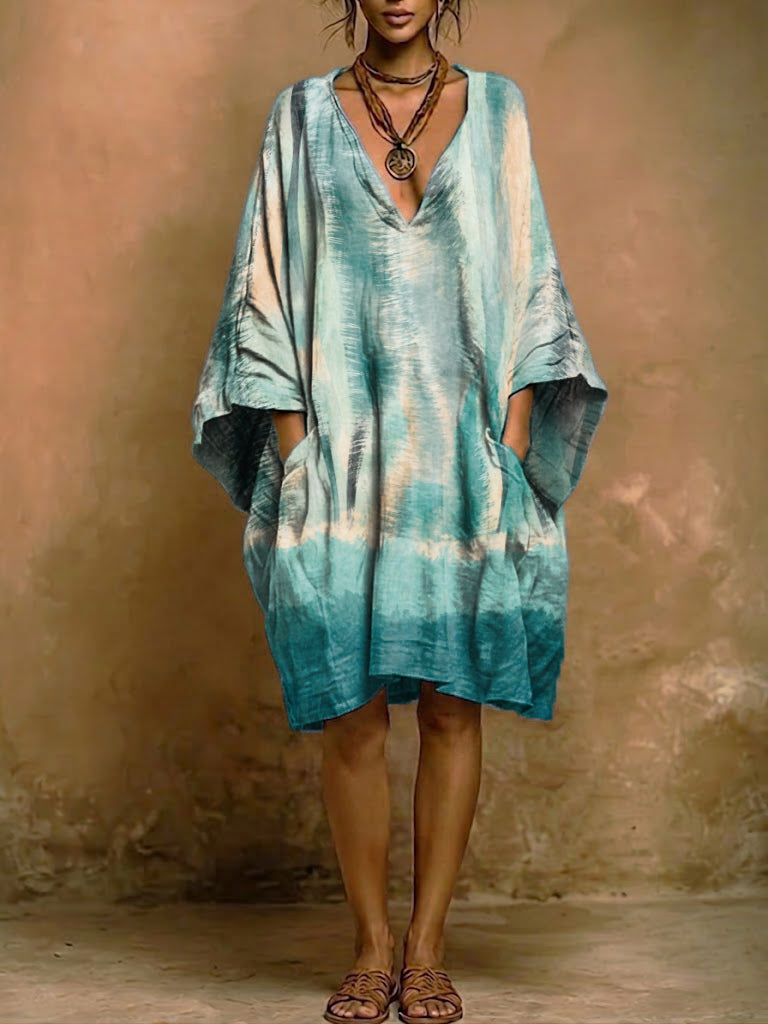 Retro Tie-dye Gradient Print Cotton-linen Loose V-neck Dress