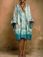 Retro Tie-dye Gradient Print Cotton-linen Loose V-neck Dress